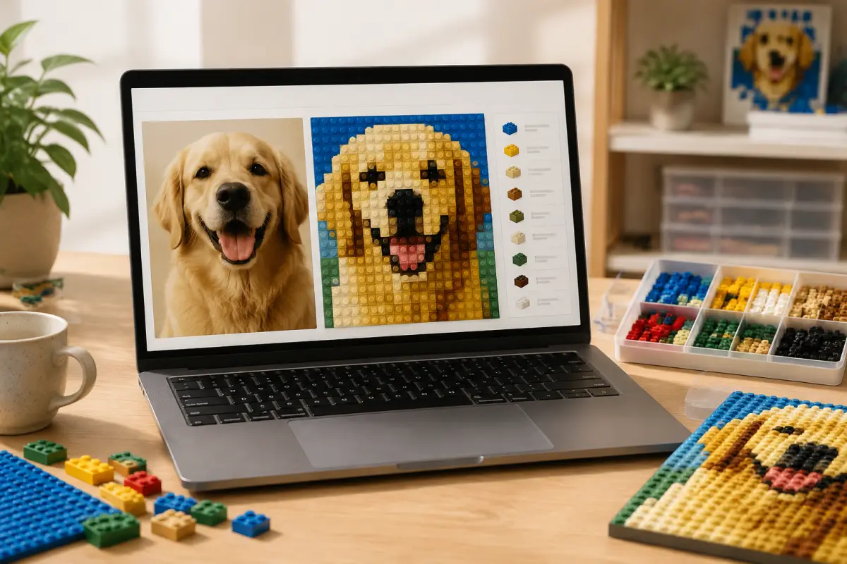 Brick Mosaic Maker 将宠物照片转换为积木马赛克图案的界面示意图
